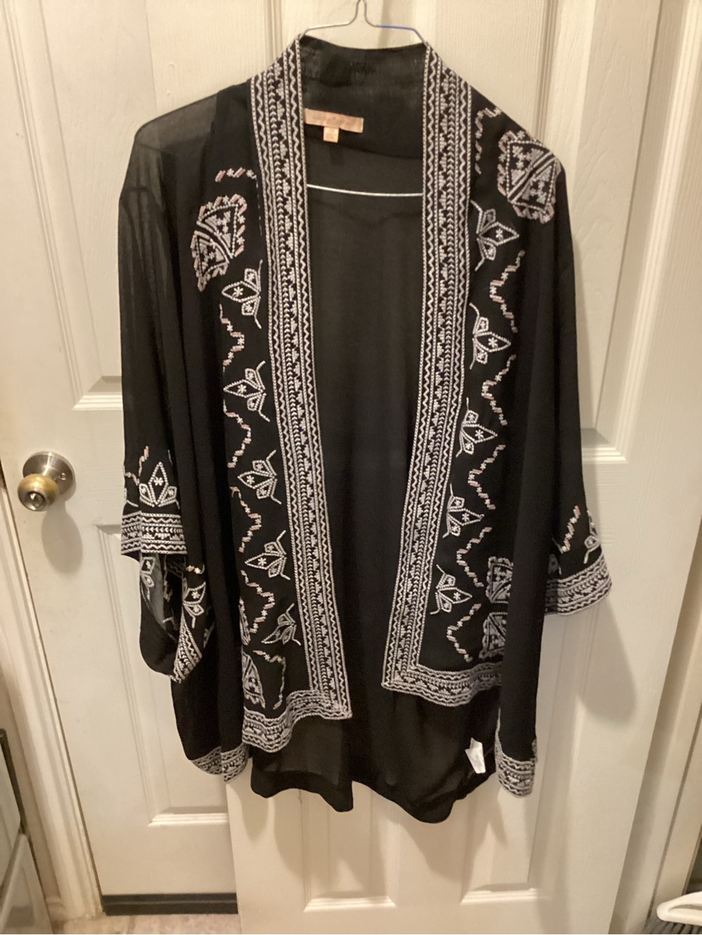 Gibson Black Kimono with White Geometric Embroidery